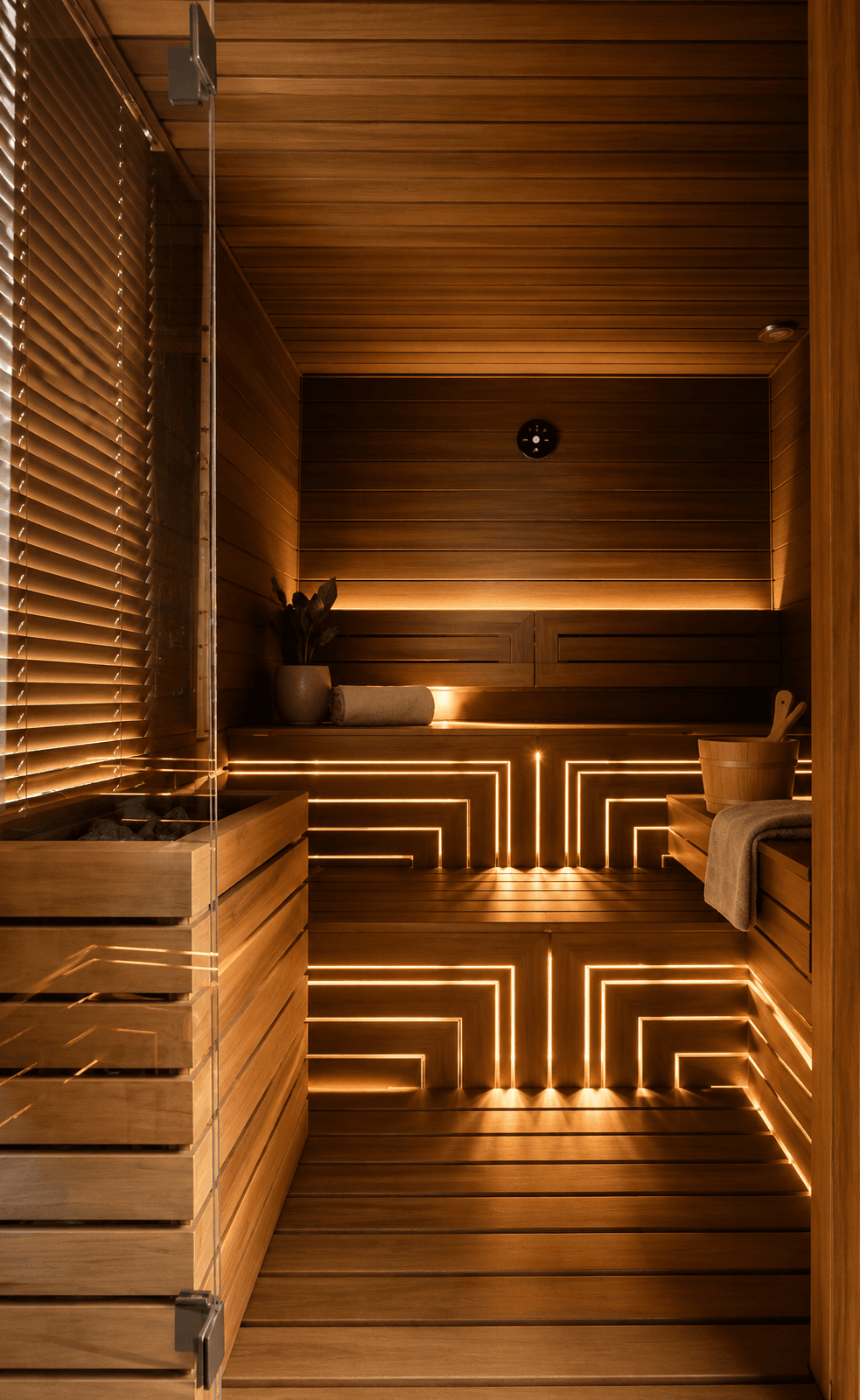 Premium sauna z ciepłym drewnem i ambientowym oświetleniem