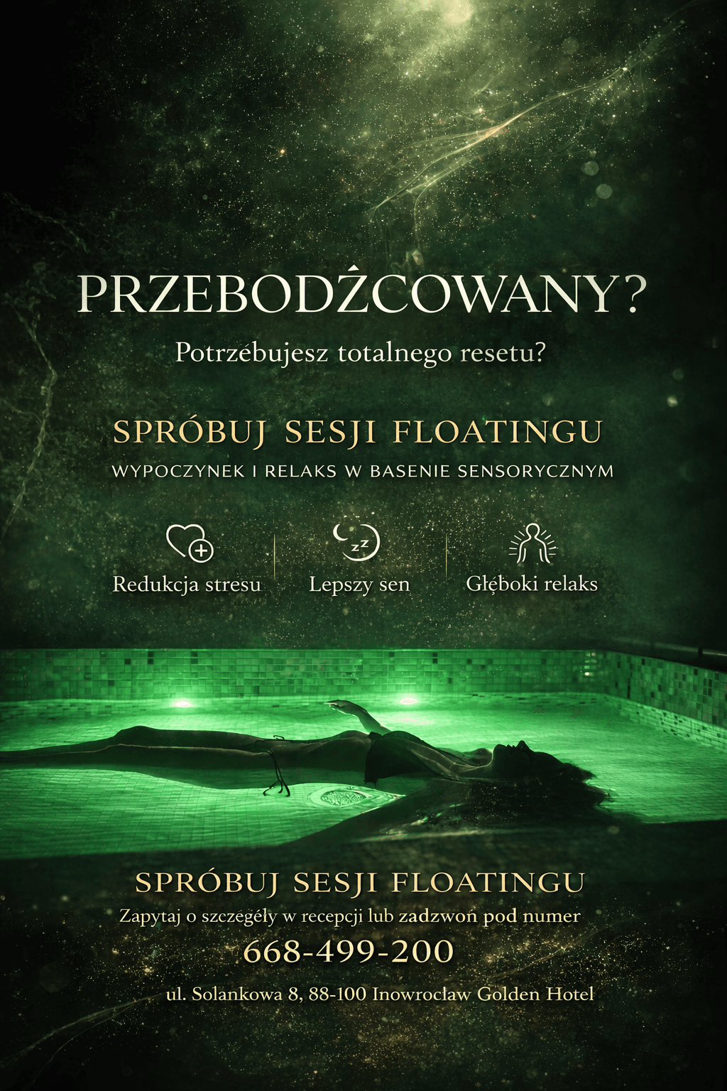 Ulotka z informacjami o sesji floating w Golden Hotel & SPA